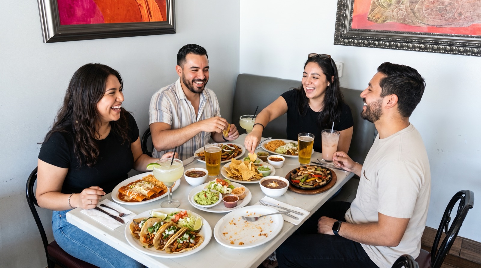 Amigos compartiendo un banquete mexicano